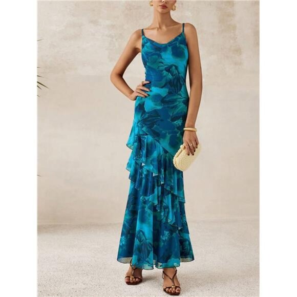 NEW - Women's Long Dress Summer Ruffled Layered Floral Sundress With Thin Straps - Picture 1 of 7